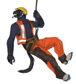 ambiguous_gender anthro armor black_body black_fur bottomwear clothed clothing electronics female flat_chested footwear fully_clothed fur gloves handwear hard_hat harness headgear helmet holding_object melanistic microphone open_mouth orange_clothing pants shirt shoes simple_background slim solo suspension tail teeth topwear vest white_background wire cettus serafina_(cettus) felid mammal pantherine 2022 female_(lore)