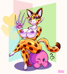 anthro areola big_breasts biped breasts claws crossed_legs curvy_figure duo female fur heart_symbol markings nipples nude one_eye_closed sitting_on_another smile spots spotted_body spotted_fur thick_thighs voluptuous wide_hips wink moko_(artist) kirby_(series) nintendo clawroline kirby felid leopard mammal pantherine