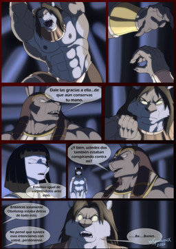 abs accessory anthro armor big_breasts big_muscles bottomwear bracers breasts clothing dialogue dress egyptian egyptian_clothing egyptian_headdress eyes_closed fangs female group male muscular muscular_anthro muscular_male nemes open_mouth pain pecs speech_bubble teeth text trio usekh xxsparcoxx egyptian_mythology middle_eastern_mythology mythology bast bastet_(xxsparcoxx) mahees_(deity) mahees_(xxsparcoxx) set_(deity) set_(xxsparcoxx) deity domestic_cat felid feline felis lion mammal pantherine set_(species) 2022 comic digital_media_(artwork) hi_res spanish_text