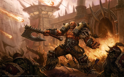 axe battle battle_axe fangs group humanoid_pointy_ears male muscular muscular_humanoid muscular_male pointy_ears skull_accessory tattoo teeth text tongue yellow_eyes glenn_rane blizzard_entertainment warcraft garrosh_hellscream humanoid orc 16:10 english_text hi_res official_art widescreen