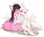 anthro biped black_hair black_nose duo ear_barbell female female/female fur green_eyes hair hug hugging_another hugging_from_behind inner_ear_fluff multi_tail pink_body pink_fur red_eyes red_facial_markings tail tuft white_body white_fur janiskisa nivata norii canid canine fox mammal