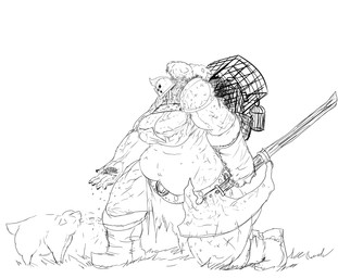 armor axe battle_axe belly belt boots breasts cage clothed clothing fantasy_axe fantasy_weapon female footwear headgear helmet kneeling larger_female melee_weapon muscular not_furry obese overweight overweight_female shoes simple_background size_difference thick_thighs weapon wide_hips saltyjub bovid caprine domestic_sheep humanoid mammal sheep hi_res monochrome