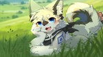 anthro blurred_background curled_tail grass kemono kerchief kerchief_only lying male mostly_nude neckerchief neckerchief_only neckwear on_front open_mouth plant solo tail hlg7777 canid canine canis mammal wolf