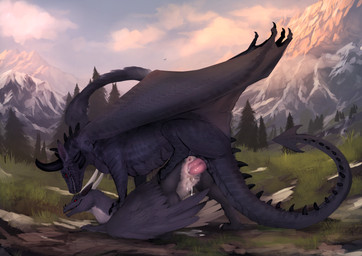 all_fours animal_genitalia anus black_body black_eyes black_scales black_skin bodily_fluids claws cum cum_drip cum_in_vagina cum_inside cum_on_ground cum_splatter detailed_background doggystyle dripping duo erection feathered_wings feathers female female_penetrated feral feral_on_feral forest from_behind_position fur genital_fluids genital_slit genitals grass grey_body grey_feathers grey_fur horn looking_pleasured looking_up male male/female male_penetrating male_penetrating_female membrane_(anatomy) membranous_wings mountain nature open_mouth orgasm outside penetration penile penile_penetration penis penis_in_vagina pink_penis plant pupils red_sclera scales scenery sex side_view sky slit_pupils smile snow spikes step_pose step_position tail tapering_penis teeth tree vaginal vaginal_penetration vulva white_body white_feathers white_fur wings conditional_dnp dradmon european_mythology mythology drad whiro dragon furred_dragon furred_scalie mythological_creature mythological_scalie scalie western_dragon 2017 digital_media_(artwork) hi_res