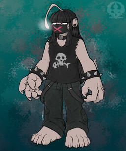 alternative_fashion anthro big_feet big_hands feet goth hair humanoid_feet long_hair male mask piercing plantigrade punk solo spikes toes threehorns brok_abysmur anglerfish aquatic fish monster hi_res