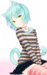 absolute_territory blue_hair blush bottomwear cat_tail clothing female gradient_background green_eyes hair legwear long_sleeves pattern_clothing pattern_legwear short_hair simple_background sitting skirt solo striped_clothing striped_legwear stripes thigh_highs zizi_(zz22) animal_humanoid cat_humanoid felid felid_humanoid feline feline_humanoid humanoid mammal mammal_humanoid digital_media_(artwork) shaded