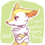 ambiguous_gender anthro biped crossed_arms dialogue exclamation_point eyebrows fur inner_ear_fluff mouth_closed paws pink_eyes simple_background solo standing text tuft white_body white_fur white_sclera white_text yellow_body yellow_fur flavia-elric nintendo pokemon louise_(flavia-elric) braixen generation_6_pokemon pokemon_(species) 2018 digital_media_(artwork) english_text