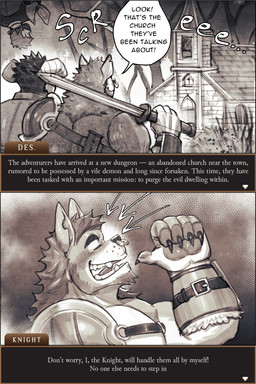 5_fingers anthro claws dialogue facial_piercing fingers holding_melee_weapon holding_object holding_sword holding_weapon male melee_weapon muscular muscular_anthro muscular_male nose_piercing nose_ring piercing ring_piercing sword text weapon desfrog canid canine mammal absurd_res comic english_text hi_res