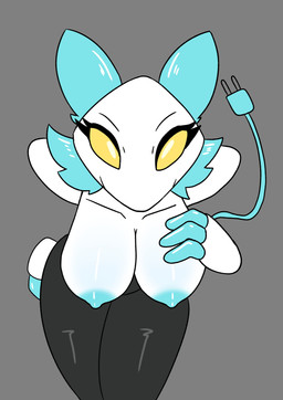 anthro armless big_breasts blue_background blue_nipples blush breasts eyelashes female grey_background looking_at_viewer machine nipples nude nude_female simple_background solo tail thick_thighs white_body wide_hips yellow_eyes bruhmynameisdylan nsfwinthedark deltarune undertale_(series) tasque_manager darkner felid feline mammal robot 2026 absurd_res digital_media_(artwork) hi_res