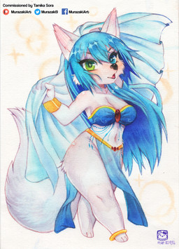 anklet anthro belly_dancer biped bracelet breasts cheek_tuft chibi cleavage clothed clothing facial_tuft female fluffy fluffy_tail fur hair heterochromia jewelry looking_at_viewer midriff navel open_mouth simple_background solo tail tuft murazaki canid canine mammal 2020 absurd_res hi_res painting_(artwork) traditional_media_(artwork) traditional_painting_(artwork) traditional_watercolor_(artwork) watercolor_(artwork)