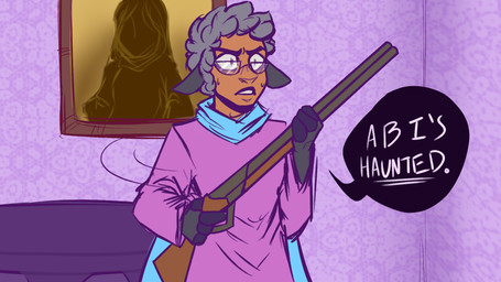 4_fingers ambiguous_gender anthro blue_scarf bodily_fluids clothed clothed_ambiguous clothed_anthro clothing dark_body dark_skin dialogue eyewear female fingers front_view fully_clothed fully_clothed_ambiguous fully_clothed_anthro furniture glasses gun holding_gun holding_object holding_ranged_weapon holding_shotgun holding_weapon looking_at_viewer medium_comic motion_lines nervous nervous_sweat open_mouth picture_frame pink_clothing ranged_weapon round_glasses scarf shotgun solo speech_bubble sweat sweatdrop sweaty_face table text wall_(structure) weapon wearing_glasses kiingkiismet bovid caprine mammal sheep 16:9 2021 comic digital_drawing_(artwork) digital_media_(artwork) end_page english_text flat_colors full-length_portrait hi_res picture_in_picture portrait widescreen
