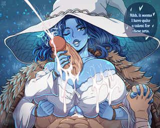big_breasts biped blue_body bodily_fluids breast_play breasts clothed clothing cum cumshot dialogue ejaculation eyelashes female fingers front_view genital_fluids genitals hair hand_holding hat headgear headwear huge_breasts male multi_arm multi_limb not_furry penis pupils sex smile speech_bubble text thick_thighs titfuck topwear vein veiny_penis white_clothing witch_hat furanh elden_ring fromsoftware ranni_the_witch humanoid english_text hi_res