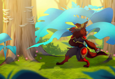 ambiguous_gender anthro biped blurred_foreground claws cybernetics dagger day depth_of_field detailed_background digitigrade empty_eyes fighting_pose flower forest front_view fungus glowing glowing_eyes grass holding_object holding_weapon machine melee_weapon midriff neck_tuft open_mouth outside paws plant pose red_eyes reverse_grip screen screen_face shadow solo standing thick_thighs tree tuft weapon wide_stance rayley mammal protogen robot 2018 digital_media_(artwork)
