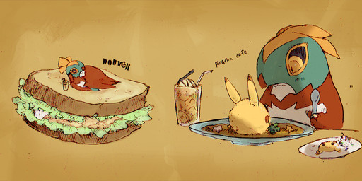 ambiguous_gender anthro beverage bodily_fluids bread cutlery food fur kitchen_utensils micro sad sandwich_(food) simple_background solo spoon tears tools yellow_body yellow_fur unagiga nintendo pokemon accipitrid accipitriform avian bird generation_1_pokemon generation_6_pokemon hawlucha mammal pikachu pokemon_(species) rodent multiple_images