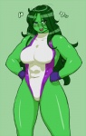 blush clothed clothing female gloves grandfathered_content green_background green_body green_hair green_lips green_skin hair handwear human human_only leotard lips looking_at_viewer mammal marvel nezumi_(artist) not_furry she-hulk simple_background solo