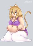 belly big_breasts blonde_hair blue_eyes breasts cleavage clothed clothing female green_eyes hair heterochromia holding_belly navel obese obese_female overweight overweight_female overweight_humanoid simple_background sitting solo tail text thick_thighs weight_gain pixiveo choco_(pixiveo) animal_humanoid cat_humanoid felid felid_humanoid feline feline_humanoid humanoid mammal mammal_humanoid hi_res signature