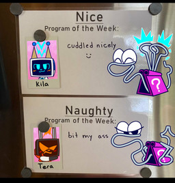 ambiguous_gender angry antenna_wire anthro black_bars black_body blush claws detailed_background electricity fridge_magnet gesture group happy magnet paper_clip pink_body question_mark red_claws smile text trio white_body chaokocartoons kilaflow kila_(kilaflow) teraflop_(kilaflow) tippclipp_(kilaflow) animate_inanimate robot_anthro tv_head_robot 2025 english_text letterbox meme