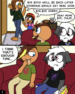 anthro decepticon_insignia dialogue fur furniture hair inside male sofa text watching_television young pokefound da_silva hasbro takara_tomy transformers gordon_(pokefound) julie_(pink) pink_(pink) rachel_(pokefound) border_collie canid canine canis collie colubrid corn_snake domestic_dog herding_dog lampropeltini mammal pastoral_dog rat_snake reptile scalie sheepdog snake 4:5 comic english_text hi_res