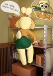 3d_background annoyed anthro bottomwear box cardboard climbing clothing container female fur green_bottomwear green_clothing green_skirt hair hair_bun office orange_clothing orange_shirt orange_topwear paper self shirt skirt solo speech_bubble text thick_thighs topwear wide_hips yellow_body yellow_fur guak animal_crossing nintendo isabelle_(animal_crossing) canid canine mammal 3d_(artwork) absurd_res digital_media_(artwork) hi_res mixed_media