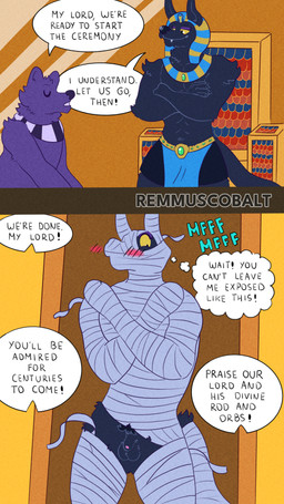 anthro balls bound dialogue egyptian embarrassed embarrassing_exposure embarrassing_nudity exposed genitals humiliation king male male/male mummification mummified mummy_wrappings nude penis pharaoh royalty tail text yellow_sclera remmus_cobalt egyptian_mythology middle_eastern_mythology mythology anubis canid canine canis deity jackal mammal 4k 9:16 absurd_res comic english_text hi_res