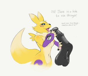 animal_dildo animal_sex_toy anthro armwear big_dildo black_claws black_nose blue_eyes blue_sclera bodily_fluids breasts bridal_gauntlets cheek_tuft claws clothing dialogue dildo dipstick_ears dipstick_tail ear_markings equine_dildo facial_tuft female fur holding_dildo holding_object holding_sex_toy lube lube_drip lube_string markings mostly_nude multicolored_ears multicolored_tail neck_tuft nipples open_mouth oral pink_nipples saliva sex_toy sex_toy_fellatio side_view simple_background solo standing tail tail_markings text tongue tongue_out tuft white_background wide_hips yellow_body yellow_fur yin_yang narley bandai_namco digimon canid digimon_(species) mammal renamon digital_media_(artwork) english_text
