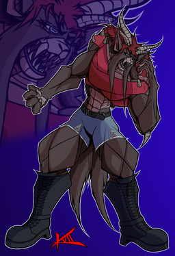 2_tails abs anthro bandage bandaged_chest belt big_muscles blue_eyes boots bottomwear brown_body brown_fur claws clothing denim denim_bottomwear denim_clothing denim_shorts fangs female footwear fur hair horn huge_muscles knee_boots knee_highs legwear multi_tail muscular pointy_ears purple_mouth red_clothing red_hair roaring shirt shoelaces shoes shorts solo tail teeth topwear torn_clothing kreiser_vii demon absurd_res digital_media_(artwork) hi_res