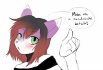 anthro female gesture green_eyes hair hand_gesture pointing pointing_at_viewer red_hair simple_background solo akitokit yuuri_(character) canid canine mammal