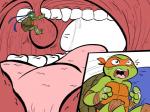 accident accidental_vore anthro comic eyes_closed feet food furniture gagging green_body green_skin hotbrotkuroi leonardo_(tmnt) male male/male male_pred male_prey michelangelo_(tmnt) micro open_mouth oral_vore pizza reptile scalie simple_background size_difference sofa teenage_mutant_ninja_turtles toes tongue tongue_out turtle unaware_pred uvula vore white_background