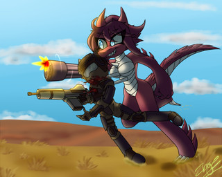 ambiguous_gender anthro armor blood blue_eyes bodily_fluids boots claws clothed clothed_anthro clothing death duo female footwear fully_clothed fully_clothed_anthro gatling_gun grin gun gun_arm headgear helmet horn knee_pads machine_gun minigun multicolored_body nude_anthro purple_body ranged_weapon rifle running scales shoes shooting_gun smile spiked_tail spikes spikes_(anatomy) stab tail toe_claws two_tone_body weapon weapon_arm zboys caridae_the_gator_shapeshifter alligator alligatorid ambiguous_species crocodilian elemental_creature metal_creature mineral_fauna reptile scalie hi_res