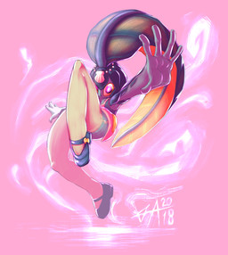 5_fingers action_pose apron big_eyes big_hair blue_body blue_scales circlet clothed clothing elemental_manipulation female fin fin_hair fingers footwear garter_straps glare glowing glowing_eyes hair legwear long_hair looking_at_viewer mary_janes pink_background pink_eyes pink_light ponytail pose pseudo_hair reaching scales seashell shell shoes simple_background solo thigh_highs yellow_sclera shugariosa skullgirls minette animal_humanoid aquatic aquatic_humanoid dagonian fish fish_humanoid humanoid 2018 digital_media_(artwork) full-length_portrait hi_res portrait signature