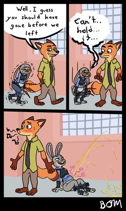 anthro armor barefoot belt bladder_bulge blush blushing_profusely bodily_fluids bottomwear bottomwear_down breastplate brown_body buckteeth claws clothed clothing desperation ears_down feet female female_anthro footwear genital_fluids gloves_(marking) green_body grey_body holding_crotch knee_pads leg_markings long_ears looking_pleasured looking_relieved male male_anthro markings necktie omorashi orange_body pants pants_down partially_clothed peeing pivoted_ears police police_uniform purple_eyes scut_tail shaking short_tail sitting socks_(marking) speech_bubble sweat tail teeth text tipped_ears toe_claws toeless_footwear trembling uniform urine utility_belt watersports whistling bombality disney zootopia judy_hopps nick_wilde canid canine fox lagomorph leporid mammal rabbit red_fox true_fox 2023 comic english_text