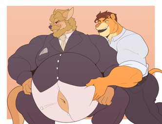 accessory anthro beard belly belly_expansion belly_grab big_butt black_bottomwear black_clothing black_lips black_pants blush bottomwear brown_hair butt button_(fastener) button_pop clothing duo expansion facial_hair fur hair hand_on_belly lips looking_away male male/male moobs musclegut muscular muscular_anthro muscular_male necktie overweight overweight_anthro overweight_male pants pecs pink_nose pockets rolled_up_sleeves sitting standing suit tan_beard tan_body tan_fur tan_mustache thick_lips thick_thighs tight_clothing wardrobe_malfunction weight_gain cerulien47 dkmate1 cerulien kole_(usernametaken2010) felid kangaroo lion macropod mammal marsupial pantherine hi_res