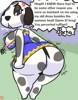 angry anthro barely_contained barely_contained_breasts big_breasts big_butt bottomless breasts bubble_butt butt clothed clothing clothing_pull cross-popping_vein dress female half-closed_eyes looking_back narrowed_eyes nipple_slip skimpy solo text thick_thighs tight_clothing tugging_clothing wardrobe_malfunction klutzatdusk animal_crossing nintendo portia_(animal_crossing) canid canine canis domestic_dog mammal english_text