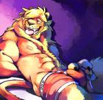 anthro blonde_hair boxer_briefs bulge clothed clothing hair male nipples partially_clothed red_eyes simple_background solo tongue topless underwear underwear_down super-tuler jaryl_(character) felid lion mammal pantherine hi_res