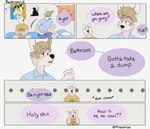 bed bottomwear clothing collared_shirt dialogue duo furniture male male/male on_bed polo_shirt poster shirt shocked shorts sitting standing text topwear p_rindustries portal_(series) valve dexter_(p_rindustries) kevin_(p_rindustries) canid canine mammal comic english_text hi_res