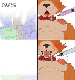 anthro areola blush bodily_fluids breasts collar drug_usage drugs femboy fur green_eyes gynecomastia injection male memory_loss moobs nipple_piercing nipples open_mouth personality_change piercing sharp_teeth simple_background slightly_chubby slightly_chubby_anthro slightly_chubby_male small_breasts smile solo sweat syringe teeth tongue tongue_piercing white_background gekishiro nintendo star_fox falco_lombardi fox_mccloud krystal_(star_fox) peppy_hare slippy_toad canid canine fox mammal 2025 comic hi_res