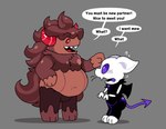 ambiguous_gender anthro bat_wings belly blush brown_body brown_fur brown_hair candy chocolate dessert dialogue duo food fur greeting grey_background hair horn larger_male male male/ambiguous membrane_(anatomy) membranous_wings navel open_mouth purple_eyes red_eyes red_horn simple_background size_difference slightly_chubby slightly_chubby_anthro slightly_chubby_male smaller_ambiguous speech_bubble tail teeth wings pawplants cookie_run cookie_run_kingdom devsisters mythology bat_cat_(cookie_run) schwarzwalder bat canid canine food_creature living_candy living_chocolate mammal mythological_canine mythological_creature werecanid werecanine werecreature werewolf 2025 digital_media_(artwork) hi_res