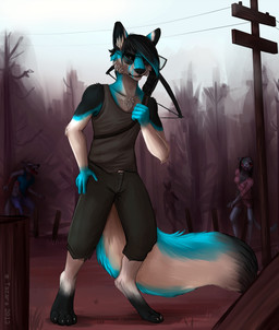 5_fingers arbalist biped blood bodily_fluids clothing copyright_symbol crossbow digitigrade eyewear fingers glasses glowing glowing_eyes group gun holding_gun holding_object holding_ranged_weapon holding_weapon inner_ear_fluff looking_at_viewer male ranged_weapon shirt sunglasses symbol tail text topwear tuft weapon white_inner_ear_fluff year tazara fayn_(faynthefox) canid canine mammal undead zombie 2013 artist_name hi_res