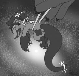 ambiguous_gender anthro back_markings big_forearms biped chopsticks claws disembodied_hand duo ear_halo eyewear eyewear_only finger_claws forearms glasses glasses_only hair heart_(marking) highlights_(coloring) holding_character leg_markings long_tail looking_back markings nude open_mouth size_difference solo_focus space tail tail_halo thick_tail wearing_glasses whiskers maxpany nintendo pokemon ganger deity dewott generation_5_pokemon mammal mustelid otter pokemon_(species) 2026 digital_drawing_(artwork) digital_media_(artwork) english_description greyscale hi_res monochrome signature