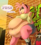 alternative_fashion anthro belly big_belly bottomwear breasts brick_wall candy clothing dessert dialogue ear_piercing ear_ring electronics eyelashes female food footwear fur graffiti hair heart_symbol holding_candy holding_food holding_lollipop holding_object holding_phone hoodie leaning leaning_backward leaning_on_wall lollipop makeup mascara morbidly_obese morbidly_obese_anthro morbidly_obese_female navel obese obese_anthro obese_female overweight overweight_anthro overweight_female phone piercing pink_body pink_fur pink_hair punk ring_piercing shoes shorts skateboard socks solo sound_effects speech_bubble stretch_marks text topwear vehicle wall_(structure) zetamath sega sonic_the_hedgehog_(series) amy_rose eulipotyphlan hedgehog mammal 2024 english_text hi_res signature