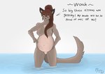 anthro bath belly big_belly breasts brown_hair chest_tuft dialogue ear_piercing ear_ring female hair holding_belly nude outside piercing ponytail pregnant ring_piercing seascape sky solo text tuft water gamal nielo_(gamal) cougar felid feline hybrid mammal english_text hi_res