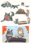 blonde_hair blue_eyes cooking cuff_(restraint) duo feral food fur grey_body grey_fur hair male meat onigiri piercing restraints rice shackles simple_background taka_fin9623 breath_of_the_wild nintendo the_legend_of_zelda link link_(wolf_form) canid canine canis human mammal wolf hi_res