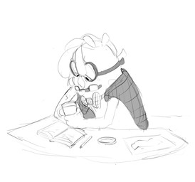 anthro bedding blanket book bow_tie container cup eyewear furniture glasses hair half-closed_eyes hand_on_face holding_container holding_cup holding_object narrowed_eyes pencil_(object) reading reading_book simple_background solo table teeth three-quarter_view white_background shaibey bugsnax young_horses floofty_fizzlebean grumpus 2022 digital_media_(artwork) guide_lines hi_res monochrome procreate_(artwork) sketch nonbinary_(lore)