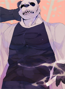 anthro black_body black_fur black_nose bottomwear cigarette clothing fur hand_behind_head low-angle_view male multicolored_body multicolored_fur muscular muscular_anthro muscular_male pants scar solo standing topwear two_tone_body two_tone_fur white_body white_fur dokiizz beastars gouhin_(beastars) bear giant_panda mammal 2019