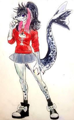 anthro black_hair blue_eyes bottomwear claws clothed clothing female footwear fur grey_body hair ponytail shoes simple_background skirt smile solo spots standing sweater tail topwear whiskers white_background kyokyota aquatic leopard_seal mammal pinniped seal 2017 hi_res traditional_media_(artwork)