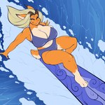 3_toes 5_fingers abs anthro bent_legs big_breasts bikini blonde_hair blue_bikini blue_clothing blue_eyes blue_swimwear breasts brown_ear_tips brown_hair cleavage clothed clothed_anthro clothed_female clothing dipstick_ears ear_markings eyelashes eyelashes_through_hair feet female female_anthro fingers fur hair multicolored_body multicolored_ears multicolored_fur muscular muscular_anthro muscular_female on_surfboard one_eye_closed orange_body orange_fur orange_tail outside pupils scut_tail short_tail smile solo surfboard surfing swimwear tail tan_body tan_fur tan_inner_ear tan_tail thick_thighs thin_eyebrows toes translucent translucent_hair two-piece_swimsuit two_tone_body two_tone_fur two_tone_tail water wave white_pupils gin-blade marigold_eastwood lagomorph leporid mammal rabbit 2023 colored digital_drawing_(artwork) digital_media_(artwork) hi_res shaded