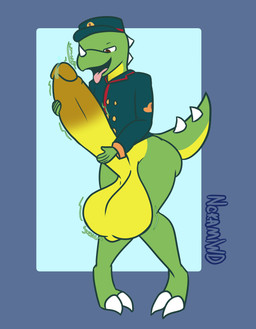 anthro balls big_balls big_penis conductor expansion genital_expansion genitals huge_balls huge_penis hyper hyper_balls hyper_genitalia hyper_penis male penis penis_expansion simple_background solo thick_thighs wide_hips nokamiwd mario_bros mythology nintendo furrin_gok_(sona) dinosaur dragon mythological_creature mythological_scalie prehistoric_species reptile rex_(mario) scalie absurd_res hi_res