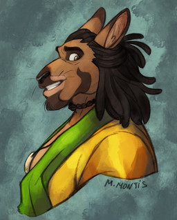 anthro beard black_hair brown_body brown_skin choker clothing facial_hair facial_markings goatee hair head_markings jewelry looking_aside male markings necklace pointy_ears shirt short_hair side_view simple_background smile solo topwear water yellow_eyes marcie_montis jelani_(dulalipaws) felid feline mammal 2020 absurd_res bust_portrait digital_drawing_(artwork) digital_media_(artwork) hi_res portrait