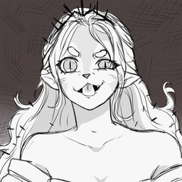:3 anthro bare_shoulders clothing crown cute_fangs dress fangs female female_anthro grey_eyes hair headgear humanoid_pointy_ears long_hair markings one_eye_half-closed pointy_ears pupils sharp_teeth simple_background slit_pupils snout solo teeth tiara tongue tongue_out whisker_markings whiskers white_body white_hair kiki_omi123 rigby_the_cat slay_the_princess the_princess_(slay_the_princess) the_witch_(slay_the_princess) felid feline mammal unknown_species 1:1 black_and_white cross-hatching digital_drawing_(artwork) digital_media_(artwork) hatching_(art) hi_res meme monochrome shaded sketch