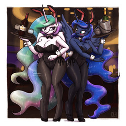 alcohol anthro bare_shoulders beverage big_breasts blue_body blue_hair blush bow_tie breasts bunny_costume butt_bump cleavage clothed clothing container costume cotton_tail cuffs_(clothing) cup drinking_glass duo fake_ears fake_rabbit_ears fake_rabbit_tail fake_tail female footwear glass glass_container glass_cup hair high_heels holding_tray hooves horn ice_bucket inside knock-kneed legwear leotard long_hair multicolored_hair pantyhose purple_eyes rainbow_hair shoes sparkles sparkling_hair strapless_clothing strapless_leotard teal_eyes unguligrade white_body wine wine_bottle wine_glass wings king-kakapo friendship_is_magic hasbro my_little_pony mythology princess_celestia_(mlp) princess_luna_(mlp) equid equine mammal mythological_creature mythological_equine winged_unicorn 1:1 2019 absurd_res hi_res